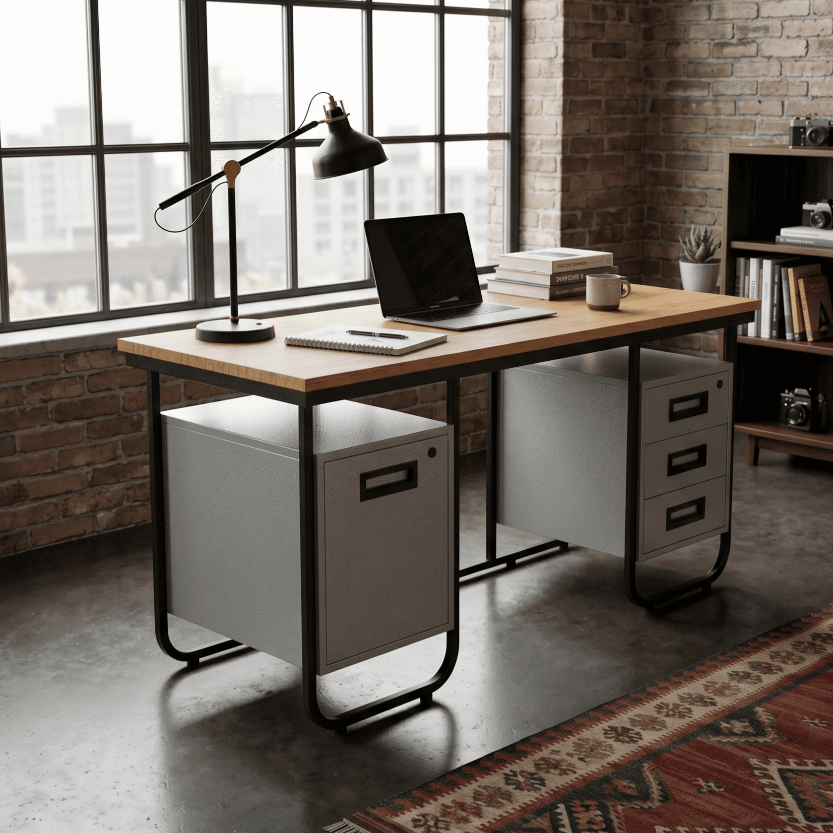 Modern Executive Office Desk with Storage Cabinets